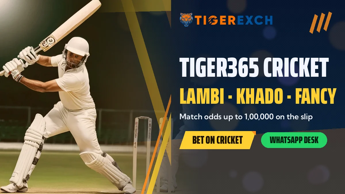 Tiger365 Cricket: Lambi, Khado, Fancy banner, Match odds up to 1,00,000 on the slip, with a floodlit stadium with a batsman mid-shot