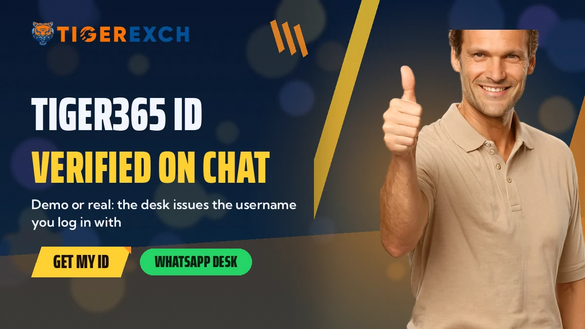 Tiger365 ID: Verified On Chat banner, Demo or real: the desk issues the username you log in with, with a man in a beige tee