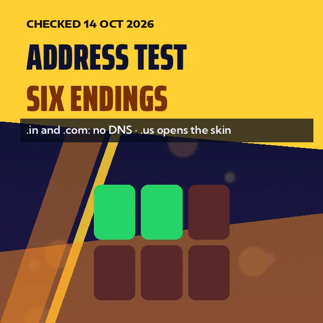 Address Test Six Endings card: .in and .com: no DNS, .us opens the skin