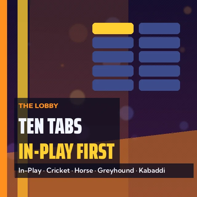 Ten Tabs In-Play First card: In-Play, Cricket, Horse, Greyhound, Kabaddi