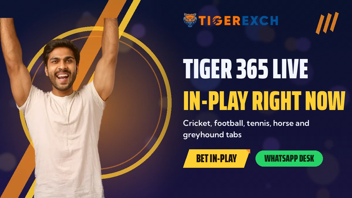 Tiger 365 Live: In-Play Right Now banner, Cricket, football, tennis, horse and greyhound tabs, with a fan in a white tee