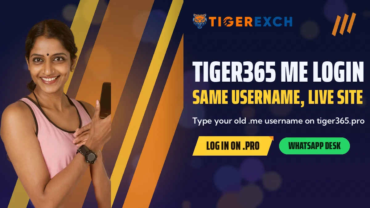Tiger365 Me Login: Same Username, Live Site banner, Type your old .me username on tiger365.pro, with a woman in a pink top