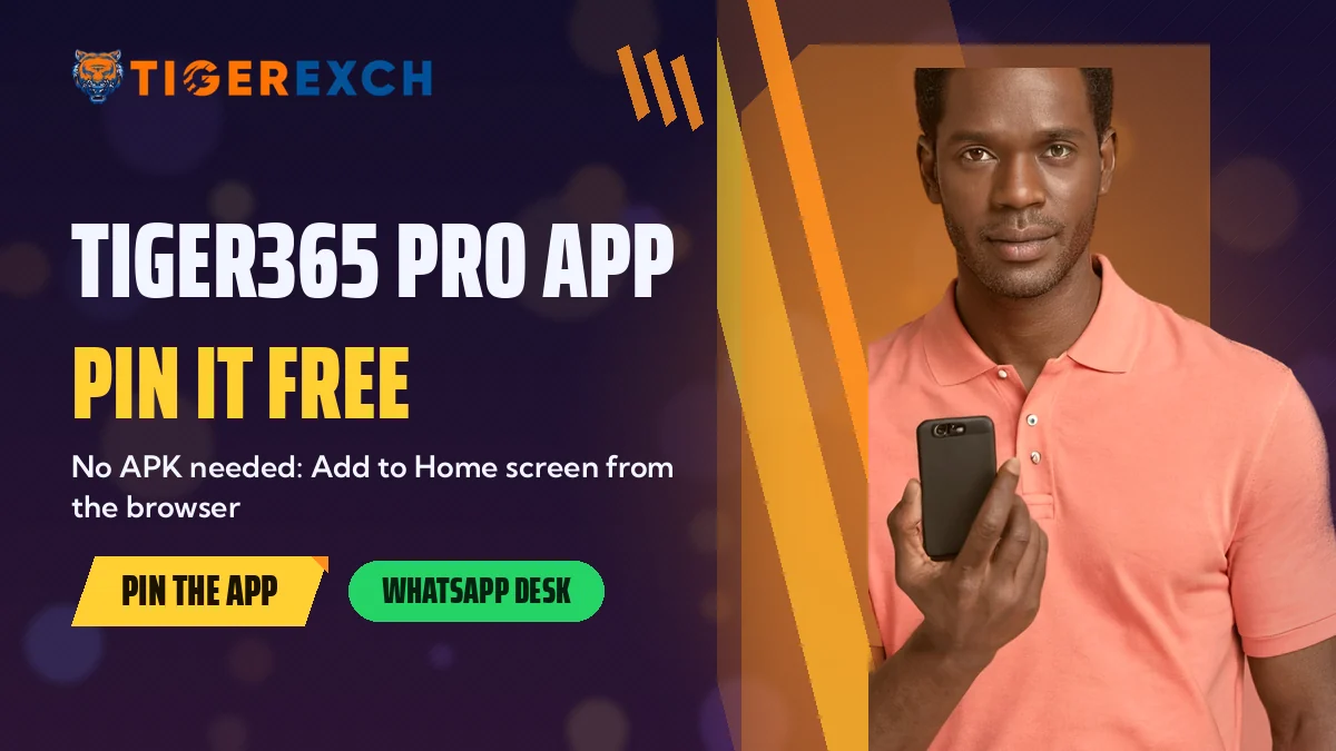 Tiger365 Pro App: Pin It Free banner, No APK needed: Add to Home screen from the browser, with a man in a coral polo