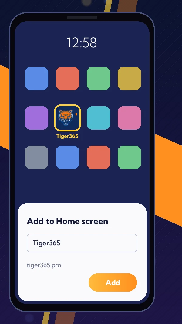 Add To Home Screen graphic: phone home screen with the Tiger365 shortcut icon and the Add to Home screen sheet