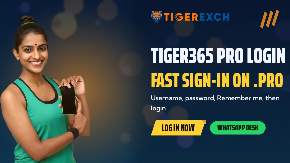 Tiger365 Pro Login: Fast Sign-in On .pro banner, Username, password, Remember me, then login, with a woman in a green sports top