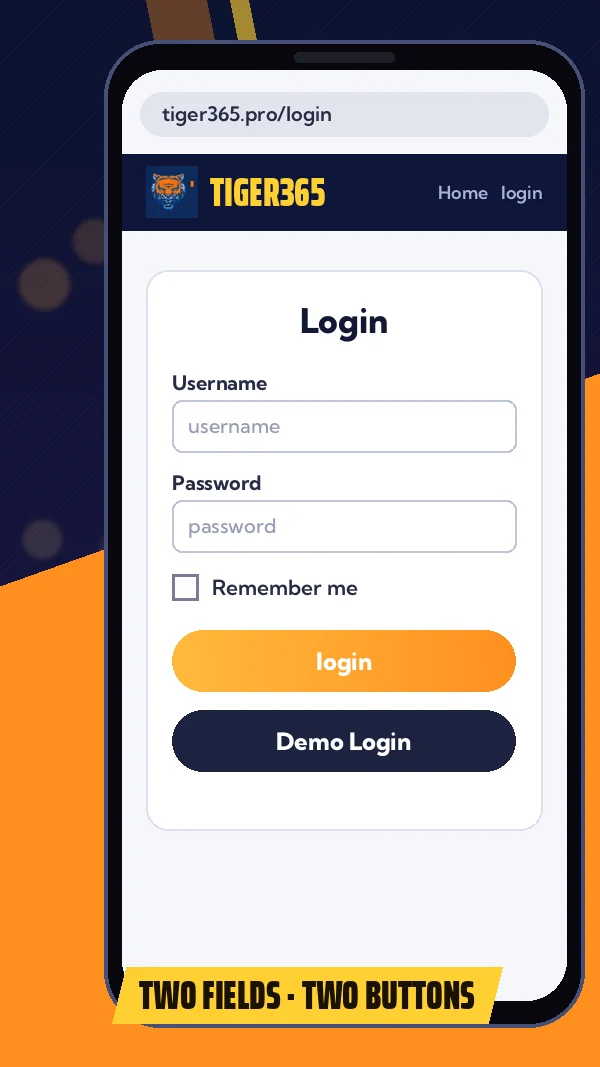 Two Fields, Two Buttons graphic: tiger365.pro login modal: username, password, Remember me, login, Demo Login