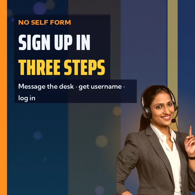 Sign Up In Three Steps card: Message the desk, get username, log in