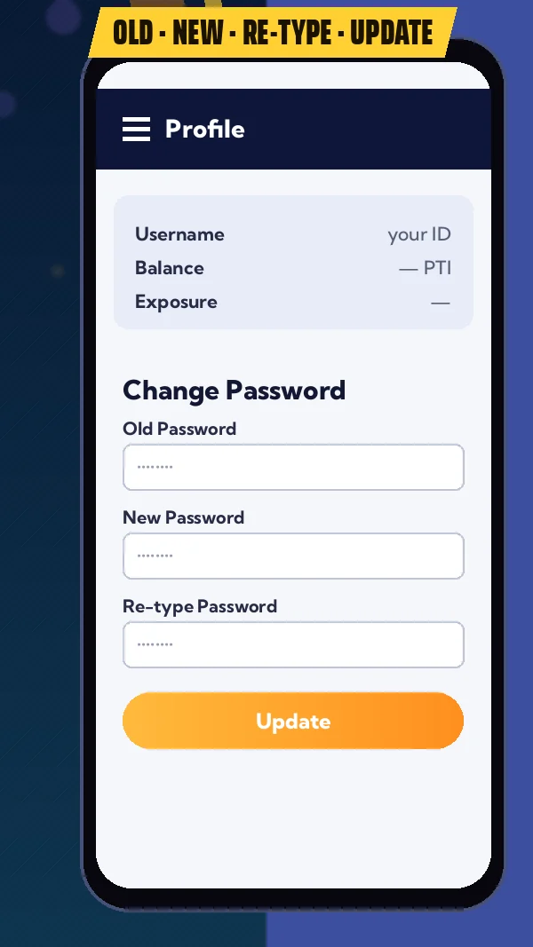 Old, New, Re-type, Update graphic: Tiger365 Profile page with the Change Password form